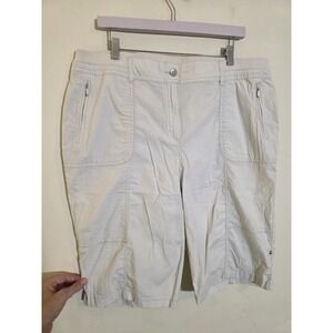 Chico's Woman's  3(16/XL) Cream Solid Cotton Blend Zip Button Bermuda Shorts